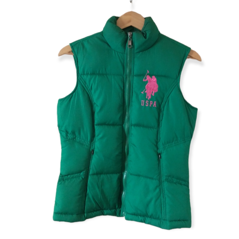 Us Polo Association puffer vest size medium green with big pink pony.